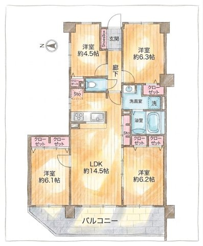 ダイアパレスつづきの丘の間取り|4LDK、価格4490万円、専有面積80.72m2、バルコニー面積14.81m2 【LDK　14.5帖】 【洋室　6.3帖・6.2帖・6.1帖・4.5帖】