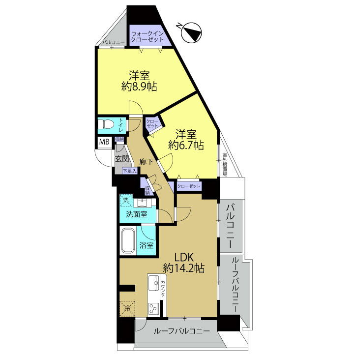 ２ＬＤＫですが、収納量が豊富です！また、各居室も8.9帖、6.7帖と広くとれています！キッチンは人気の対面タイプです！３方開放の明るいお部屋です！