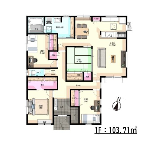 福津市津屋崎7丁目第6-3棟（1号棟）の間取り|全居室収納付きで便利です。