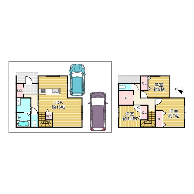 【建築条件無売土地】亀岡市千代川町今津2丁目の参考プラン|【9号地】建物参考プラン
延べ床面積：89.42㎡（約27.04坪）
1階：44.71㎡（約13.52坪）2階：44.71㎡（約13.52坪）