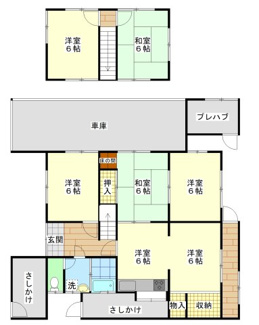 【間取り】 | 宇部市厚南中央1丁目 中古住宅／6DK・2階建 | 6DK:部屋数多く、シンプルな動線を考慮した間取りとなっております。