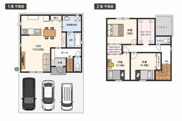 「長期優良住宅」香南市野市町西野　新築戸建　西棟の間取り|家事動線に優れた16.62帖のLDKと、大容量ウォークインクローゼットが魅力！並列3台駐車可能です。