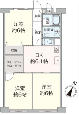 三ツ沢ハイタウン1号棟の間取り|3DK、専有面積56.44m2、バルコニー面積6.48m2 間取りです。
