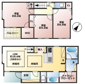 【間取り】 | 芦屋市呉川町　新築戸建 | 5530万円、3LDK+S（納戸）、土地面積89.14平米、建物面積96.19平米
■3SLDK♪LDK約18.6帖(洗面室含む）♪
■各居室に収納があり、お部屋がスッキリと片づきます♪