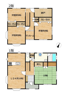 【間取り】 | 弘前市大字栄町3丁目・中古住宅 | リフォーム後の間取り図です。16帖LDK、和室1部屋、洋室3部屋の4LDKになりました。