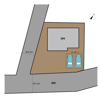 【区画図】 | 弘前市大字栄町3丁目・中古住宅 | 区画図です。カーポートに2台駐車可能です。