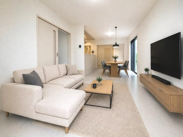 【居間・リビング】 | 福岡市南区鶴田2丁目7期　1号棟（全4区画）【仲介手数料無料・0円】 | 現地写真。家具・家電等はCGによる配置例です。物件には含まれません