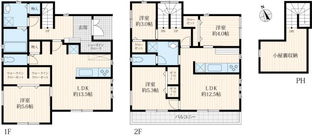 【間取り】 | 結城市みどり町2丁目　中古戸建 | 1階・2階それぞれにLDKを備えた2世帯対応可能。
豊富な収納（WIC×2＋小屋裏）と効率的な家事動線