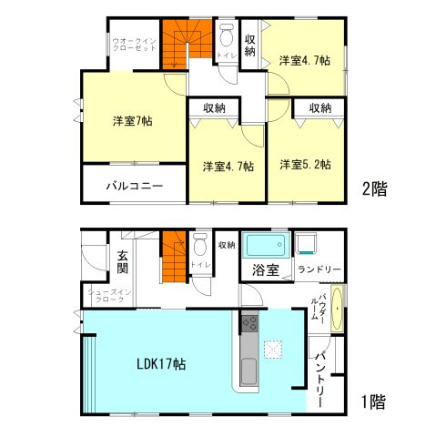 【間取り】 | リーブルガーデン.S渋川市第19金井ー③ | 玄関には嬉しいシューズインクローク完備！
大容量パントリーやランドリースペース付き！