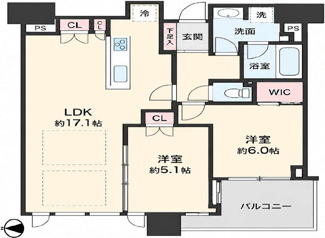 【間取り】 | シティタワー大阪本町 | 【間取り】34階西向きにつき眺望良好！LDKのダイレクトスカイビューサッシが開放感あり！