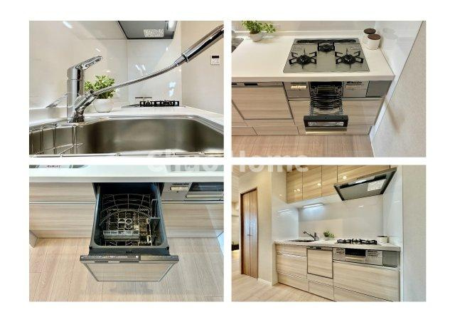 スカーラ台東根岸のキッチン|【システムキッチン】ワイドで収納豊富な使い勝手の良いカウンターキッチンには、食洗器・伸縮タイプのキッチン水栓、三ツ口コンロ・魚焼きグリルなどの便利な設備が標準完備されています。