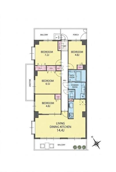クレストフォルム市が尾南の間取り|4つのベッドルームに加え14.4帖のリビングダイニングキッチンが配置された間取りです。バルコニーが3か所にあります。各部屋に収納スペースが備わっています。