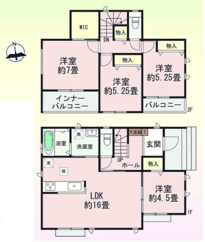 新築　高崎市倉賀野町　Heartful　Town　A号棟の間取り|建物面積98.95㎡　全居室南向き♪ウォークインクローゼット・各部屋収納付きで便利です！インナーバルコニーなので急な雨でもお洗濯物も安心です。