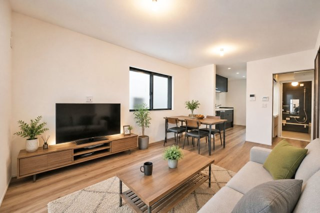 尼崎市浜3丁目中古戸建│2SLDK+駐車1台可（制限有）の居間・リビング|ナチュラルテイストな内装はどんな家具も合わせやすく、お好みのインテリアコーディネートをお楽しみいただけます。※家具・小物はCGによるイメージです。実際には設置されておりません。