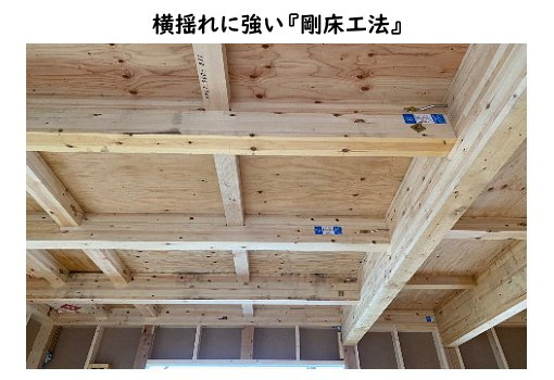 碧南市笹山町　2棟建ての構造・工法・仕様|1階と2階の床面には『剛床工法』を採用しています。これは構造用面材(厚さ24mm)を土台や梁に直接留めける工法です。床を一つの面として家全体を一体化することで、水平方向の揺れに強い構造を実現しています