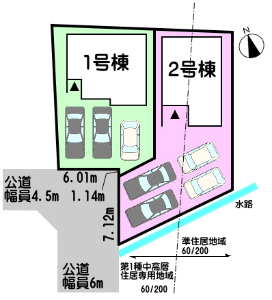 碧南市笹山町　2棟建ての区画図|1号棟　並列駐車3台（車種による）