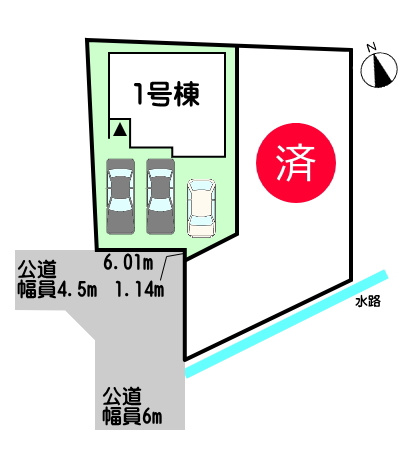 碧南市笹山町　最終1棟の区画図|1号棟　並列駐車3台（車種による）