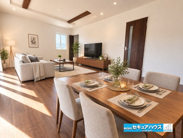 【本日ご案内可能】知多市新知東町　全2棟のキッチン|【LDKイメージ】
※家具はイメージです。
◆日当たりが良く温かい広々リビングは家族の団らんスペースになります。