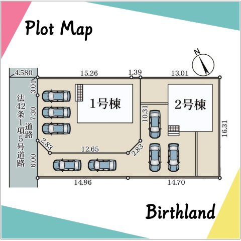 新築戸建・新築建売　那須塩原市若草町第8　稲村小・黒磯北中の区画図|駐車スペース並列3台可能です！（車種による）緑が多く自然豊かな環境です！