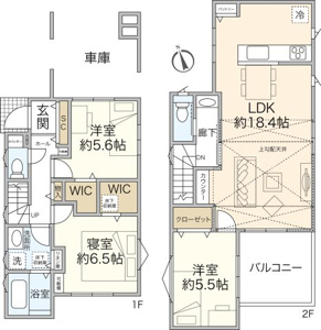 【3号棟（3LDK＋PAN＋WIC）】　勾配天井仕様で開放感のある2階LDK。1階の各居室にはWICを配置しており収納力のある間取り。リビングにはお子様の勉強スペースに最適なカウンターを配置。