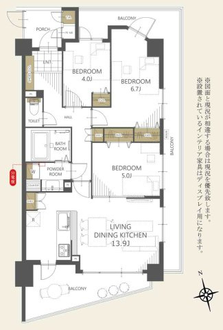 【間取り】 | ビッグヴァン京王堀之内参番館 | 3LDKは、リビングダイニングキッチンと3つの居室がある間取り。ファミリー層に非常に人気の高い間取りで、広々としたリビングで家族団らんを楽しみ、個室でプライベートな時間も確保できるのが大きな魅力です。