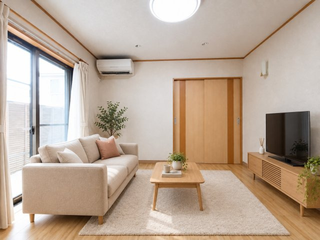 三郷市　彦糸1丁目　中古戸建の居間・リビング|ゆったりとしたリビングです　※家具をCGで加工しており、家具付き販売ではございません。