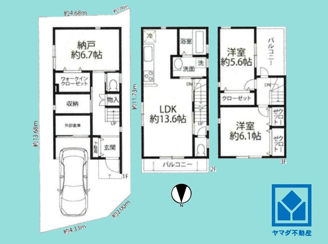 尼崎市浜３丁目の間取り|2SLDK、土地面積73.18平米、建物面積91.57平米、木造3階建。2026年3月リフォーム済の大変綺麗な住宅で、即ご入居いただけます。