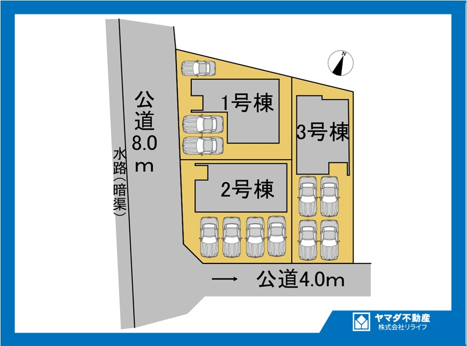 ブルーミングガーデン　一宮市多加木3丁目　全3区画分譲の区画図|■区画図
■YAMADA電機の　ヤマダ不動産　株式会社リライフ　
いつでもお問合わせ下さい。