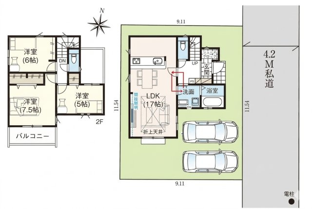 所沢市林3丁目・全1棟　新築一戸建　～並列駐車2台可～の間取り|家族でゆったり過ごせるLDK17帖、主寝室7.5帖、室内に明るい日差しが差し込む全室2面採光の3LDK。