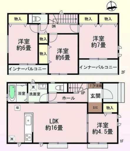 【間取り】 | 前橋市南町2丁目　新築住宅 | 約16畳の広々LDKに加え、1階に4.5畳、2階に6〜7畳の洋室が3部屋あるゆとりの4LDK。玄関のSICや各室の物入など収納が充実しており、天候を気にせず干せるインナーバルコニーも魅力です♪