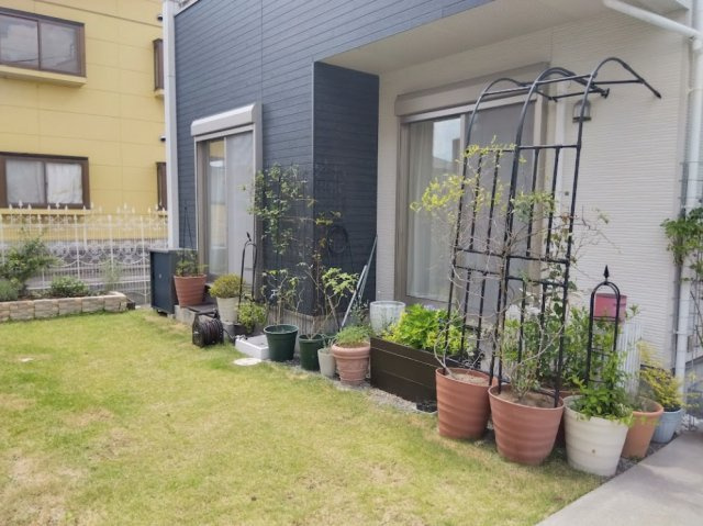 売中古戸建　三島市大場の庭|緑豊かな芝生のお庭が広がる戸建てです。ガーデニングを楽しめる鉢植えスペ－スやアーチがあり、趣味に時間を満喫できます。モダンな外観もおしゃれな印象です。