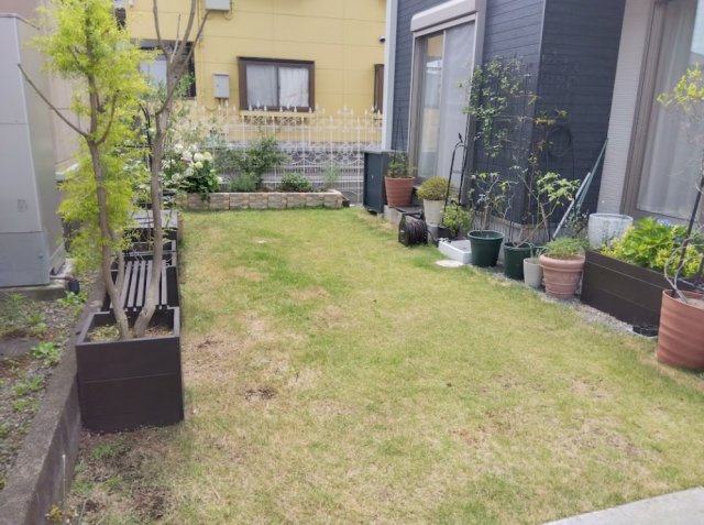 売中古戸建　三島市大場の庭|一面に広がる心地よい芝生のお庭です。ガーデニングを楽しめる植栽やベンチが設置されており、日向ぼっこや趣味の時間を楽しめます。プライベ－ト感のある癒しの空間です。