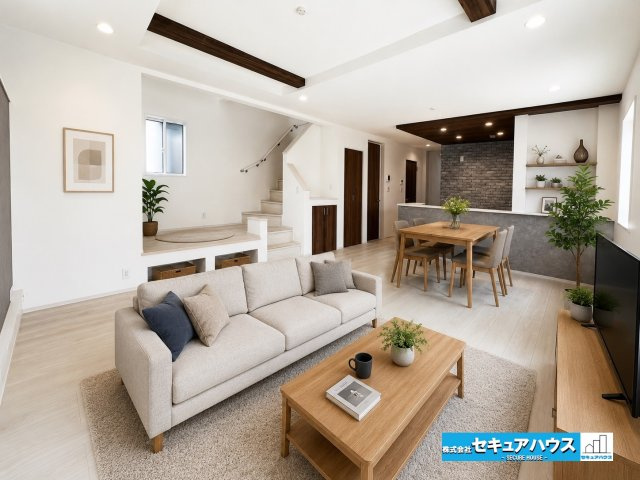 【本日ご案内可能】日進市三本木町廻間　全1棟の居間・リビング|【リビングに家具を配置したイメージ図】
◆広々としたリビングのため、ダイニングテーブルや大きなソファを置くことができます。
◆シンプルなデザインで好きなテイストの空間をつくりやすいです♪　　　　　　　