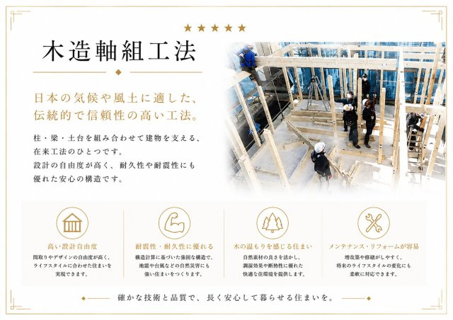 市原市諏訪２丁目第１の構造・工法・仕様|木造軸組工法採用。耐震性・耐久性に優れ、長く安心して暮らせる住まい。