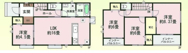 【間取り】 | 渋川市石原　新築住宅 | 約16畳のLDKに、1階の4.5畳洋室、2階にはWIC付きの8.37畳など洋室3部屋を備えた4LDK。玄関のSICや各室収納で片付けやすく、2箇所のインナーバルコニーで雨の日の洗濯も安心です。