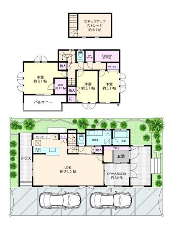 DOMA　ROOMを含めた4LDK。本物件に面した3方向の土地に建物がなく、まるで三方角地のような開放感のある区画。