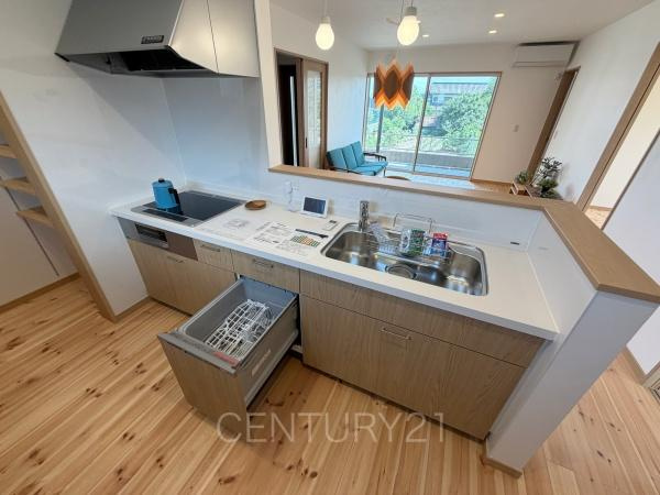 前橋市青柳町中古住宅のキッチン|シンクも大きく洗い物もしやすい浄水器付。シャワーヘッドは引き出し可能、シンクの隅々まで洗い流せます。