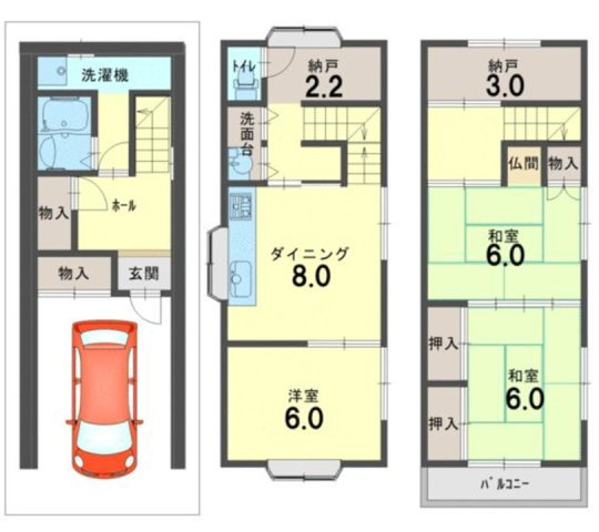 楠丘町3丁目の間取り|全居室6帖以上、家族で広々と使えます。和室が隣接しており、続き間として活用


