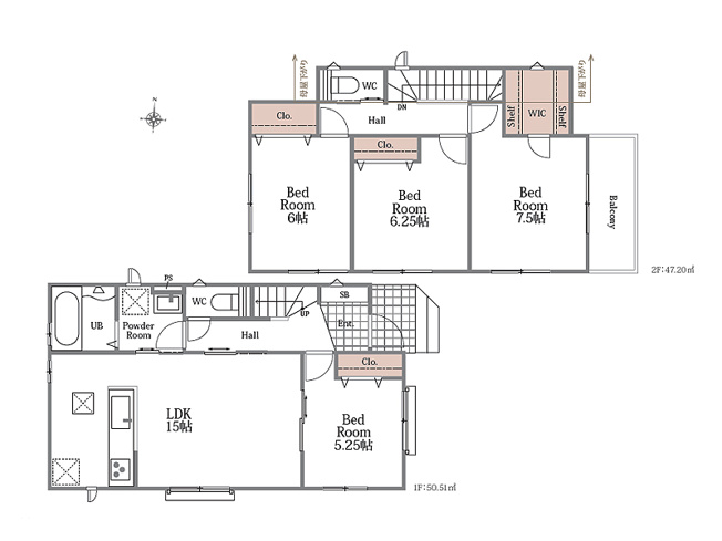【間取り】 | 富士見市水谷東2丁目　新築一戸建住宅　全1棟　(丸井志木店) | カースペース2台分を確保した4LDK。2階の全居室が6帖以上のゆとりある住まいです。