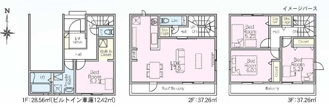 新築　前橋市天川原町１丁目　LIGNAGE　１号棟の間取り|建物面積103.08㎡　ビルトインガレージのお家♪ウォークインクローゼット・各部屋収納付きで便利です！二部屋分のバルコニーはお洗濯物が沢山干せます◎
						
