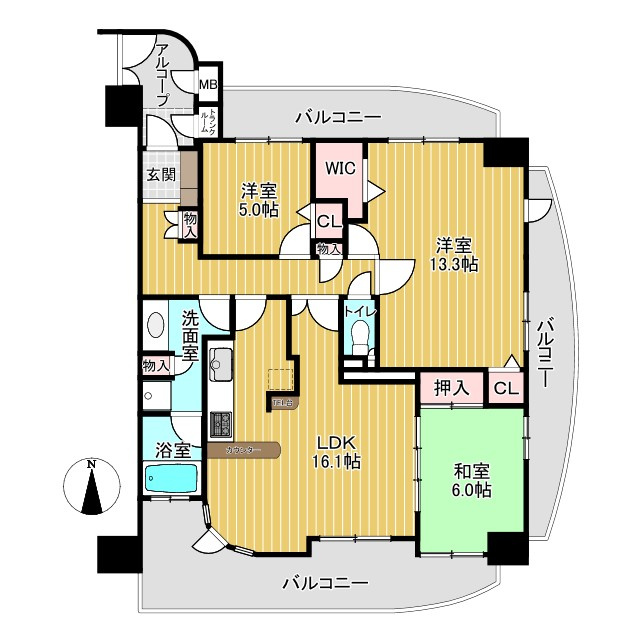 シャトレ愛松稲沢Ⅶの間取り|3LDK、専有面積92.53㎡、バルコニー面積36.21㎡

