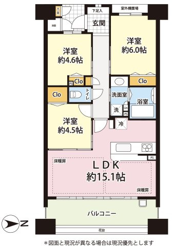 ウィズパークス大阪アクアコートの間取り|中古マンション　3LDK　専有面積：67.26㎡（壁芯）　バルコニー面積：12.90㎡　東向き