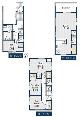 【横浜市鶴見区上の宮1丁目9-21新築戸建て】★仲介手数料無料★（菊名小学校・上の宮中学校）の間取り|18帖超の広々LDKを2階に配置した開放感ある3LDK＋サービスルーム。全居室に収納を備え、家族構成やライフスタイルに合わせて柔軟に使える間取りです。