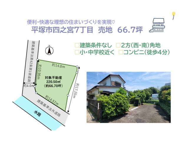 【区画図】 | 陽当たり・風通り良くプライバシーが守れる２方（西・南）角地◎
お好きなハウスメーカー・間取りで理想の住まいづくりが実現できますよ。
まずは現地見学にいらしてみませんか♪