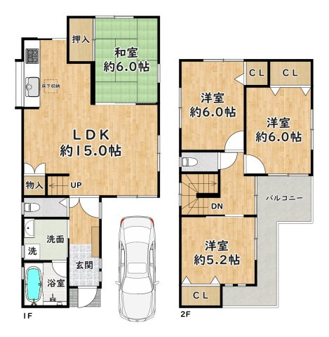 【間取り】 | 田能4丁目中古戸建 | 4LDKのファミリー向け間取り。約15帖のLDKを中心に、全居室に収納と窓を備えた明るい住まいです。