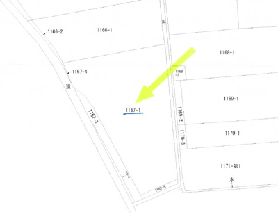 【区画図】 | 宇部市大字棚井（母屋＋倉庫＋田）／5DK（土地：約690坪） | 地番：1167-1（母屋＋倉庫＋田）
地目：田