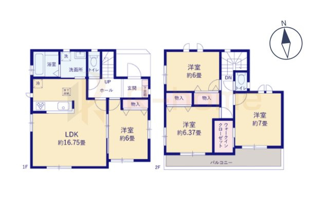 土浦市真鍋5丁目　新築戸建て　B号棟の間取り|4LDK＋WIC、土地面積175.88m2、建物面積99.57m2