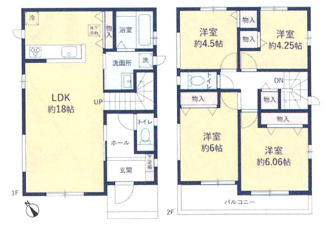 【間取り】 | 座間市明王  1号棟 | 4LDK　1階掃き出し窓シャッター付　二部屋から行き来できるバルコニー　浴室乾燥機+窓　全居室収納　リビング収納　LDK18帖