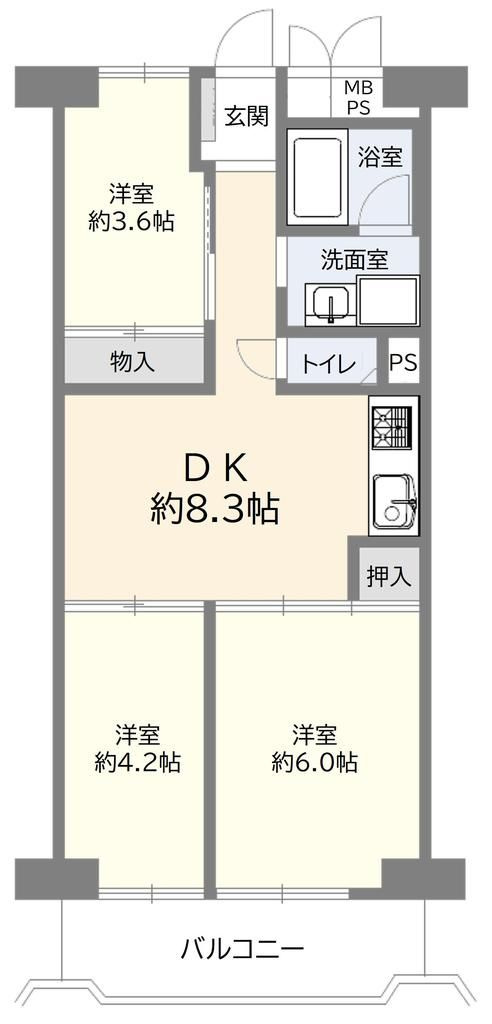 今福グランドハイツの間取り|中古マンション　3DK　専有面積：49.05㎡（壁芯）　バルコニー面積：6.21㎡　東向き