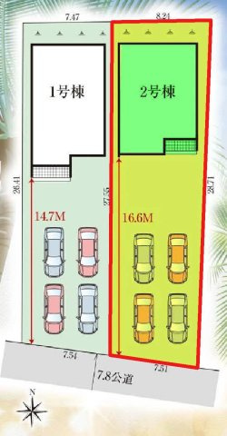 新築　佐波郡玉村町下新田3期　GRAFARE　2号棟の区画図|2号棟　区画図　南側接道幅員約7.8ｍ			
	
